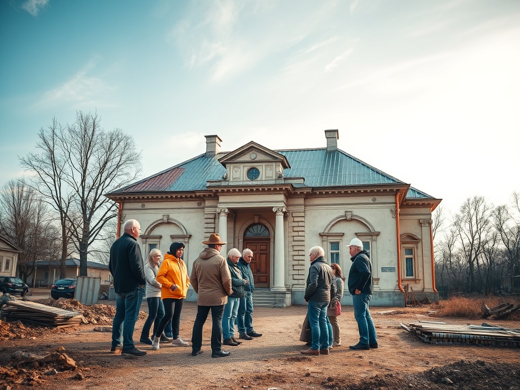 Группа людей стоит перед старинным зданием, обсуждая реставрацию вокруг него в ясный день.