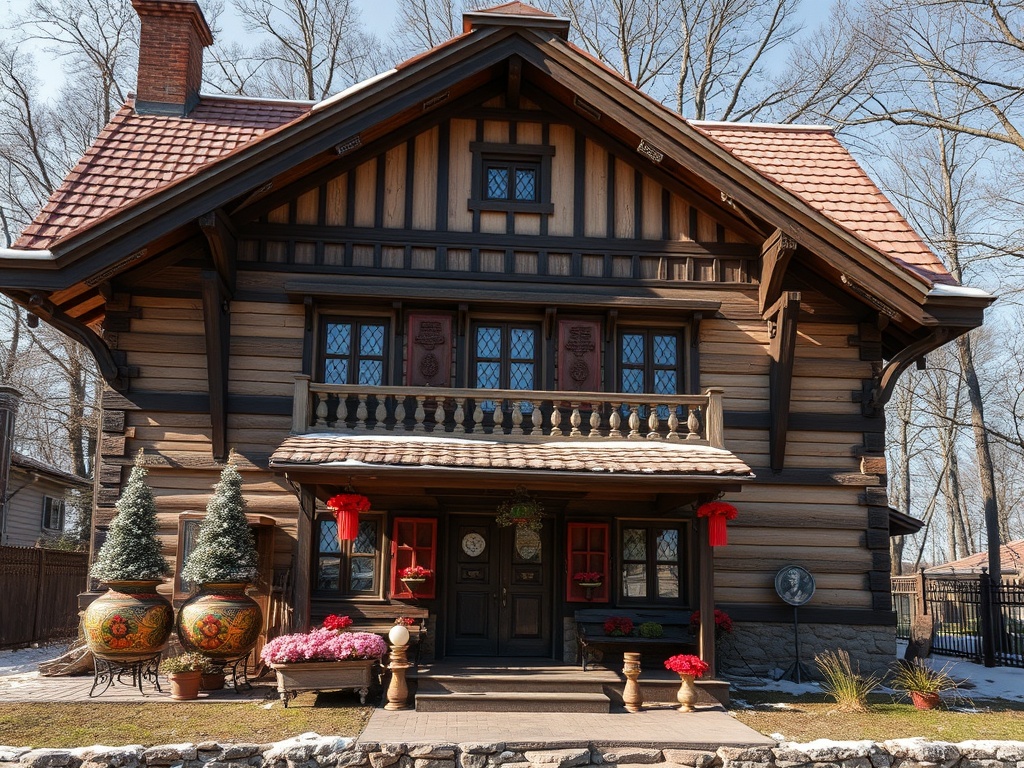 Красивая деревянная дача в традиционном стиле, украшенная цветами и зимними элементами декора.