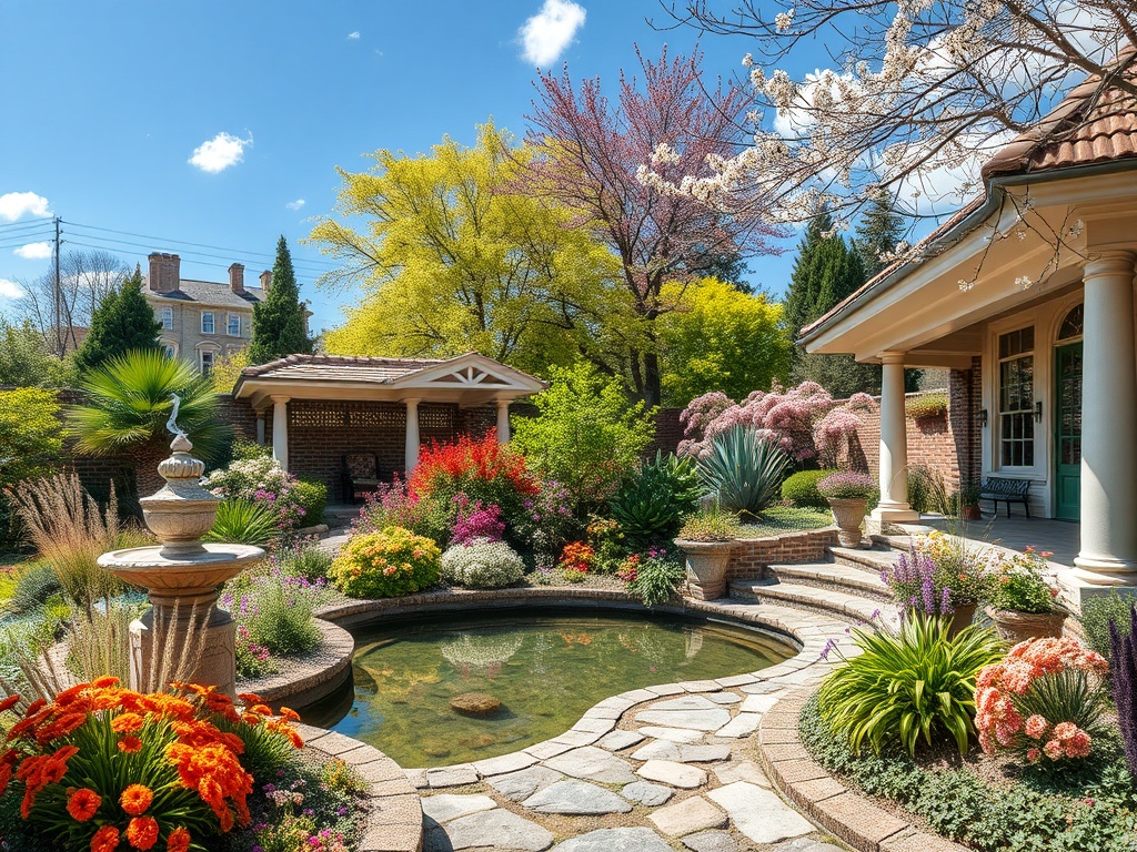 Солнечный сад с цветами, фонтаном и прудом на фоне красивого дома и яркого голубого неба.
