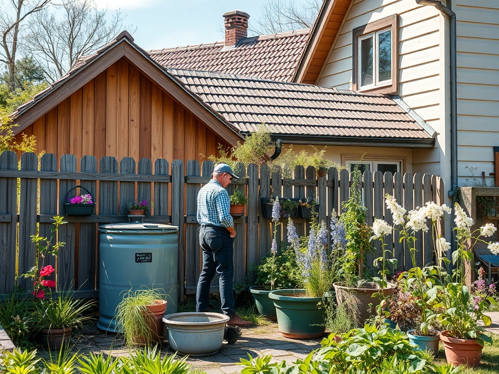 Человек ухаживает за цветами в саду рядом с домом и забором, в окружении зелени и горшечных растений.
