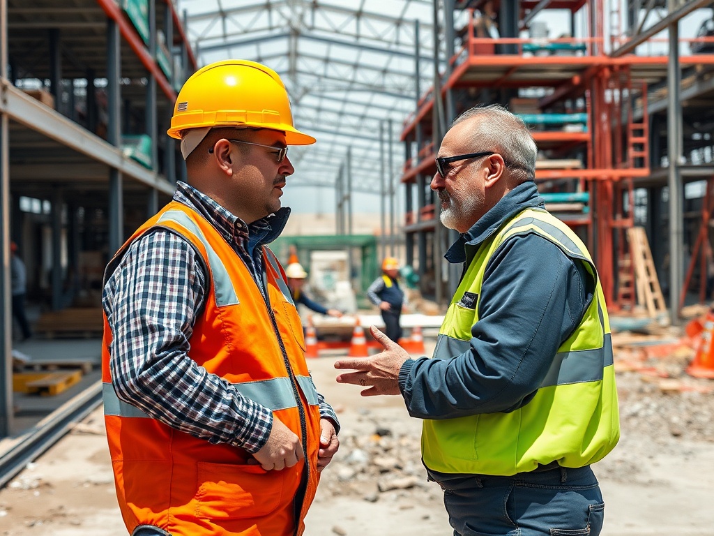 Два строителя в касках обсуждают проект на строительной площадке с металлическими конструкциями.