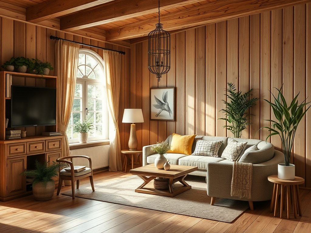 Уютная комната с деревянными стенами, светлым диваном и растениями у окон. Теплое освещение создает атмосферу.