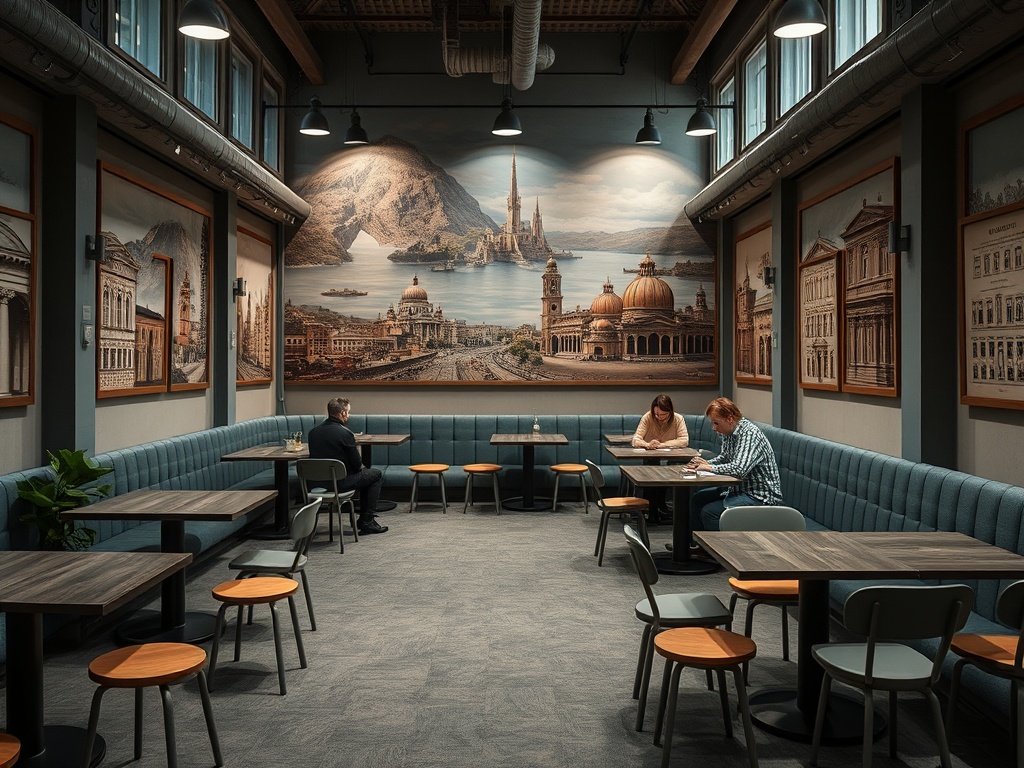 Современное кафе с уютным интерьером и большими панорамными картинками на стенах. Люди сидят за столами.