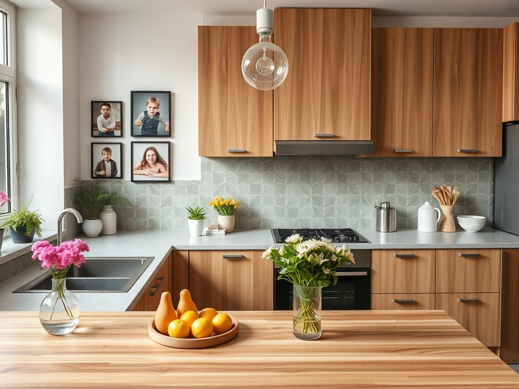Современная кухня с деревянными шкафчиками, цветами, фруктами и фотографиями на стене. Пространство светлое и уютное.