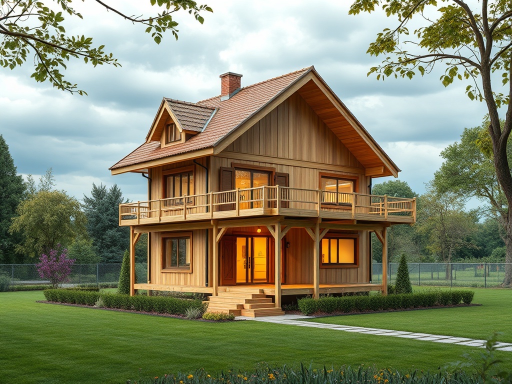 Деревянный дом с балконом на фоне облачного неба и ухоженного двора. Деревья и цветы вокруг.