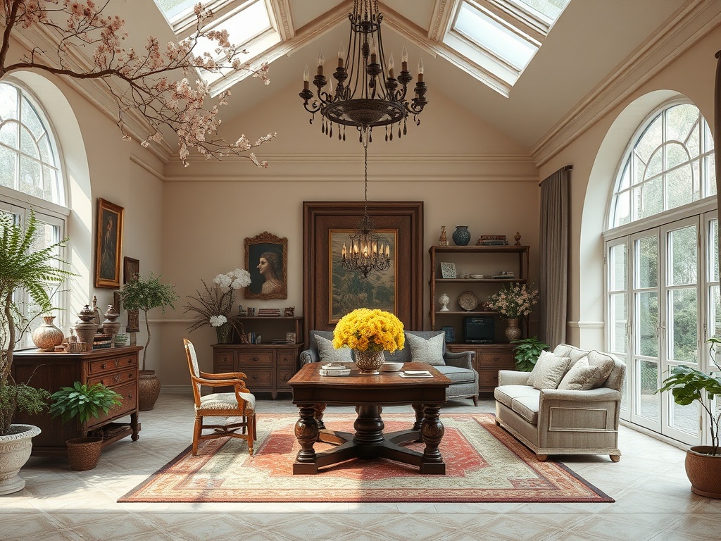 Светлая гостиная с большой люстрой, мягкой мебелью и цветами на столе, в теплых пастельных тонах.