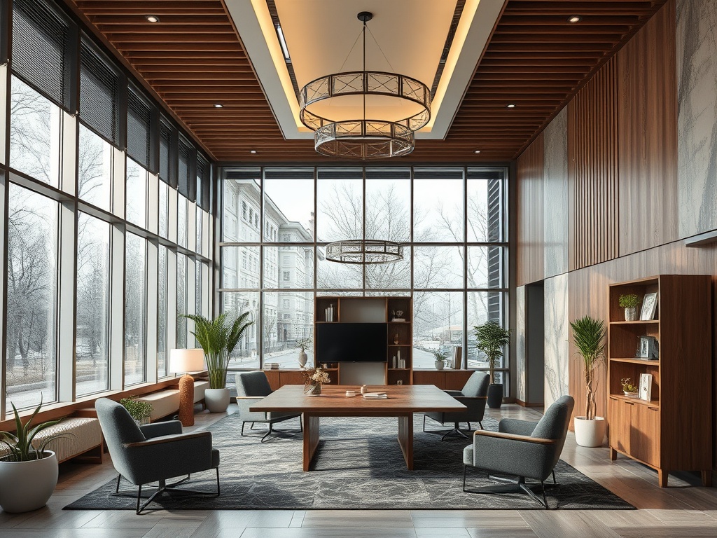 Современный офис с панорамными окнами, уютной мебелью и зелеными растениями. Просторный и светлый интерьер.