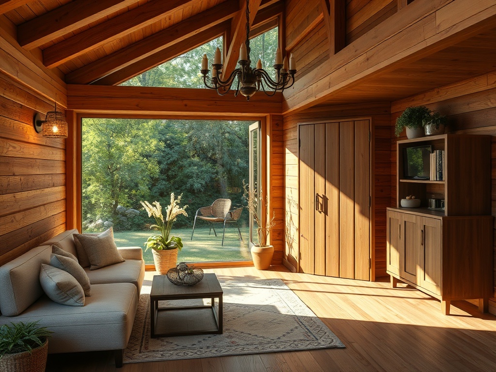 Светлая комната с деревенским интерьером, большим окном и мебелью на фоне зелёного сада.