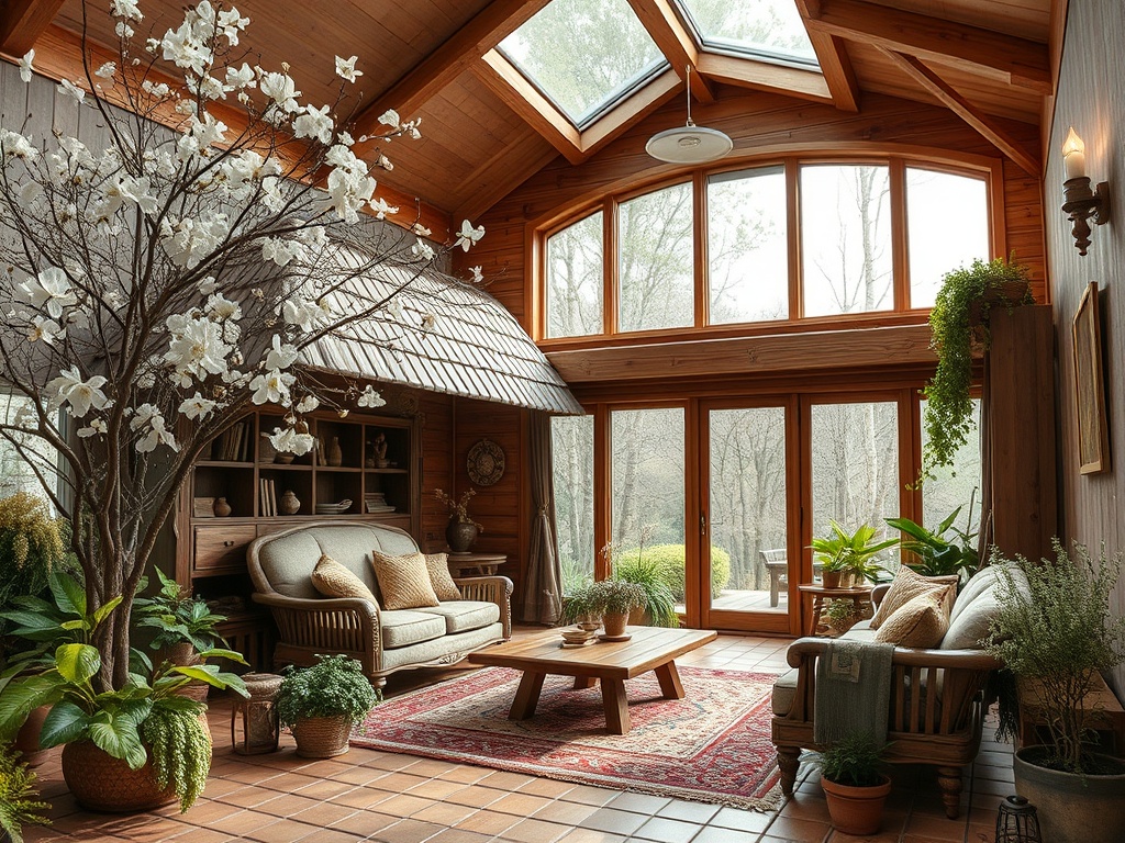 Светлая комната с большими окнами, растениями и уютной мебелью, создающая атмосферу уюта и спокойствия.