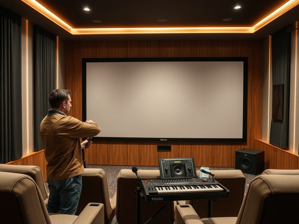 Современный домашний кинотеатр: экран, удобные кресла и музыкальное оборудование. Мужчина настраивает систему.