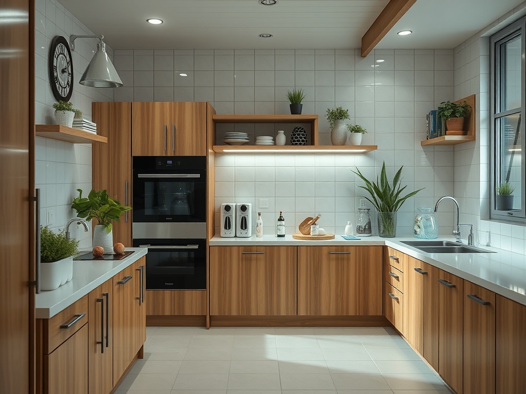 Современная кухня с деревянными шкафами, плиткой, растениями и бытовой техникой. Уютная атмосфера.