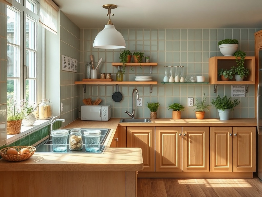 Современная кухня с зелеными растениями, деревянной мебелью и светом, проникающим через окна.