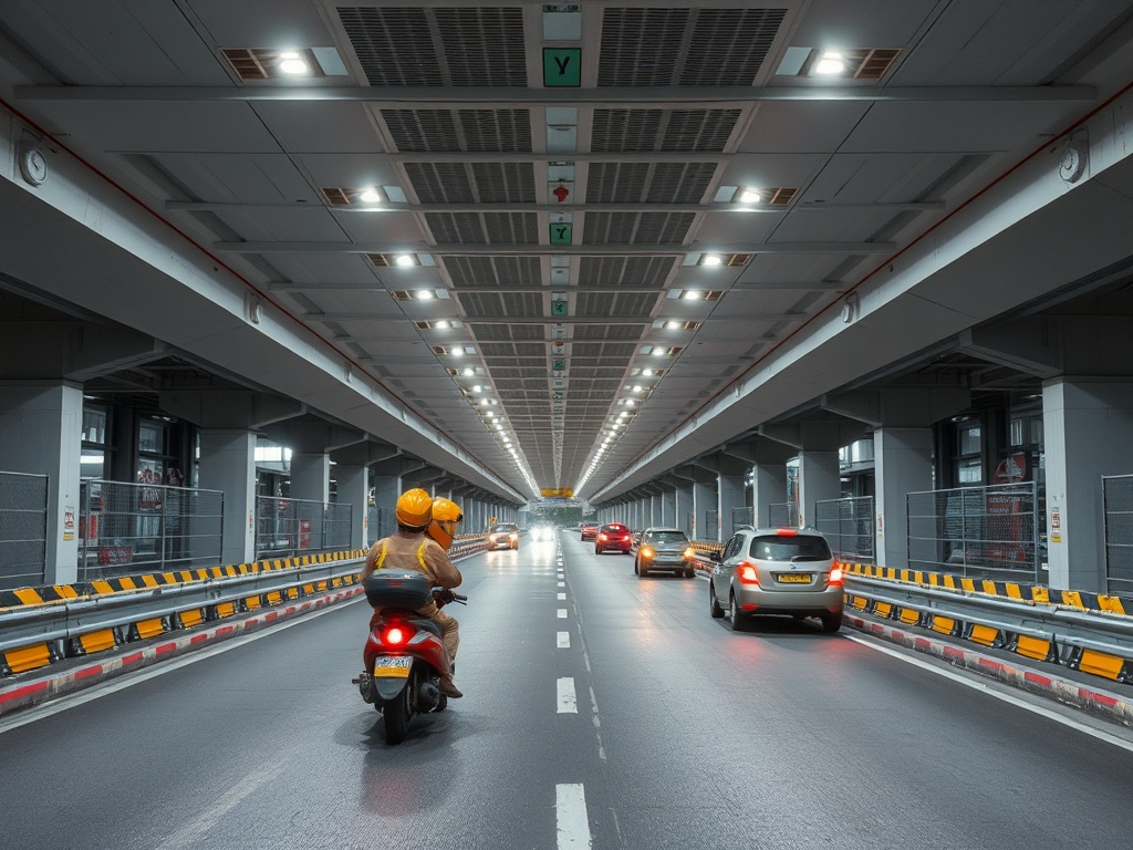 На изображении улица с автомобилями и мотоциклом, освещенная яркими светильниками. Рабочие в касках.