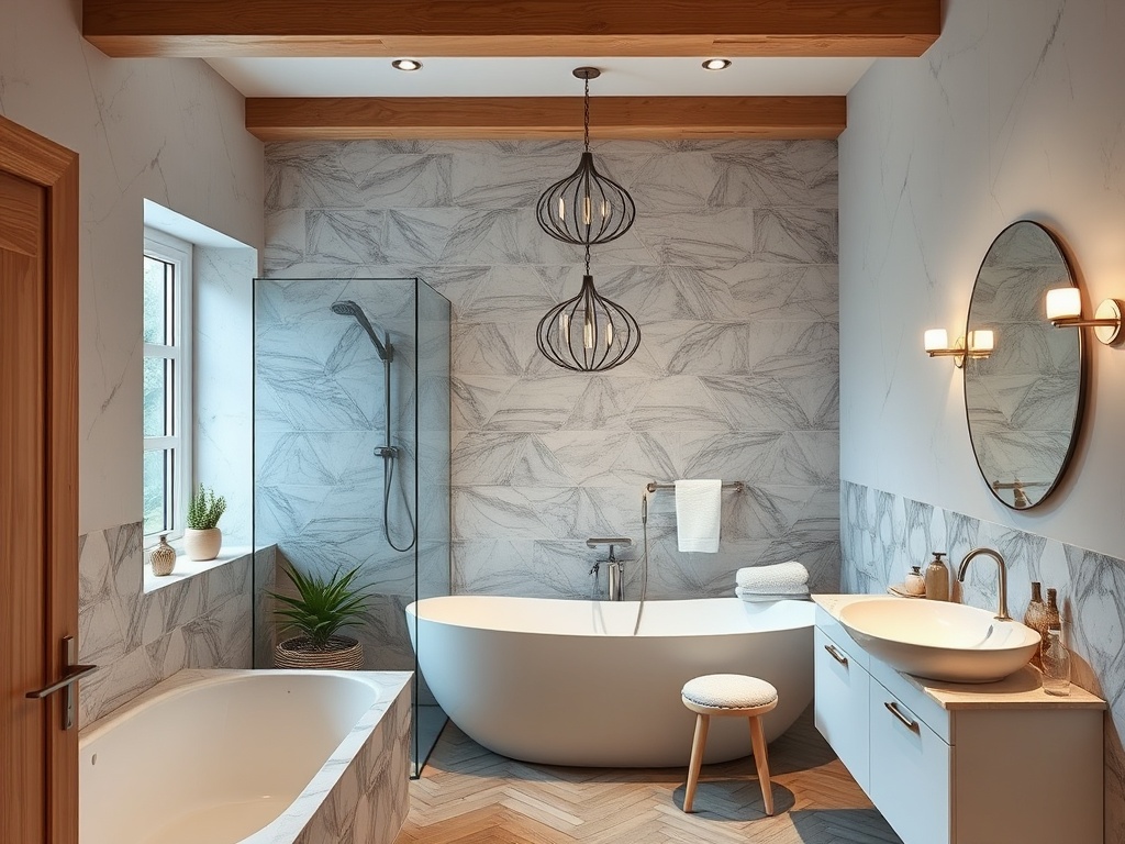 Современная ванная комната с душевой, ванной, зеркалом, подвесными светильниками и растениями на окне.