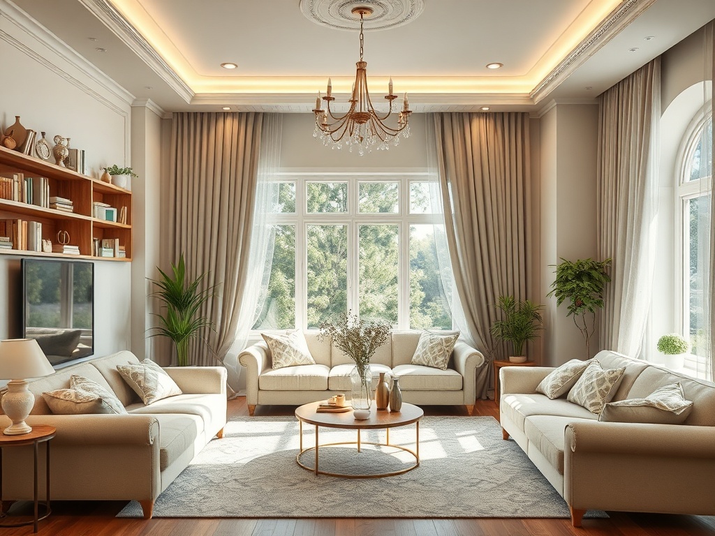 Светлая гостиная с диванами, журнальным столиком и большими окнами, через которые проникает солнечный свет.