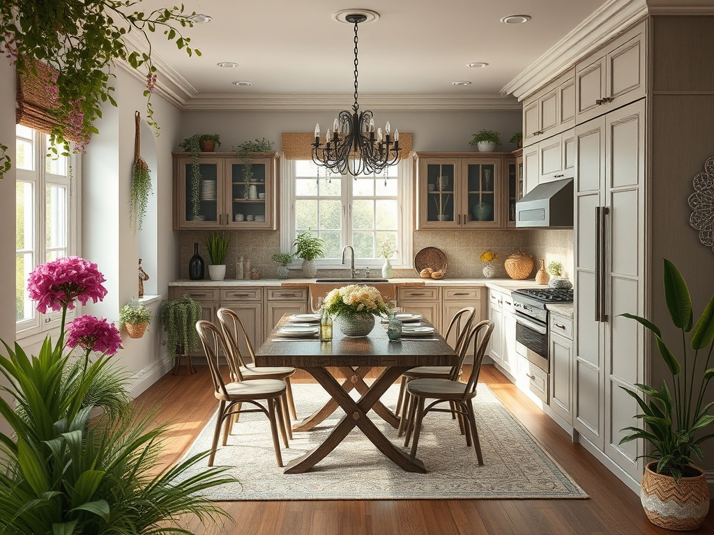 Светлая кухня с деревянным столом, стульями и растениями, украшенная яркими цветами и современными деталями.