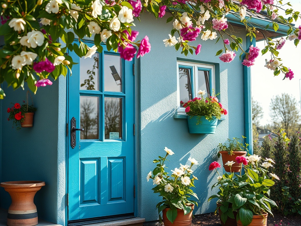 Яркая голубая дверь дома, окруженная цветами в горшках и цветущими растениями. Живописный весенний пейзаж.