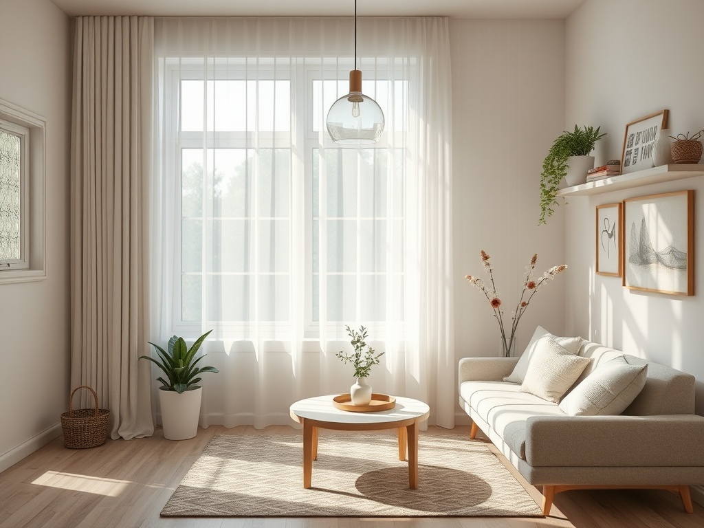 Светлая и уютная гостиная с мягким диваном, столом и зелеными растениями у окна.