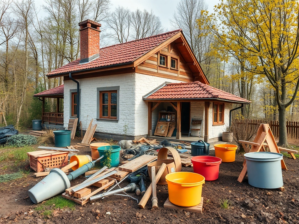 На фотографии деревянный дом с красной крышей, окруженный строительными материалами и инструментами.