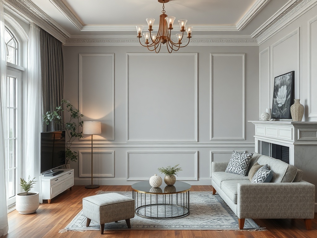 Светлая гостиная с диваном, журнальным столиком, телевизором и ковром, оформленная в современном стиле.