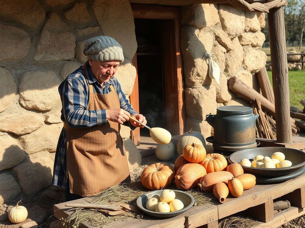 На изображении женщина очищает овощи на деревянном столе перед каменной избой. Вокруг много тыкв.