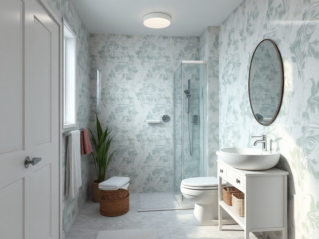 Современная ванная комната с душевой кабиной, круглым зеркалом и светлыми зелеными обоями.