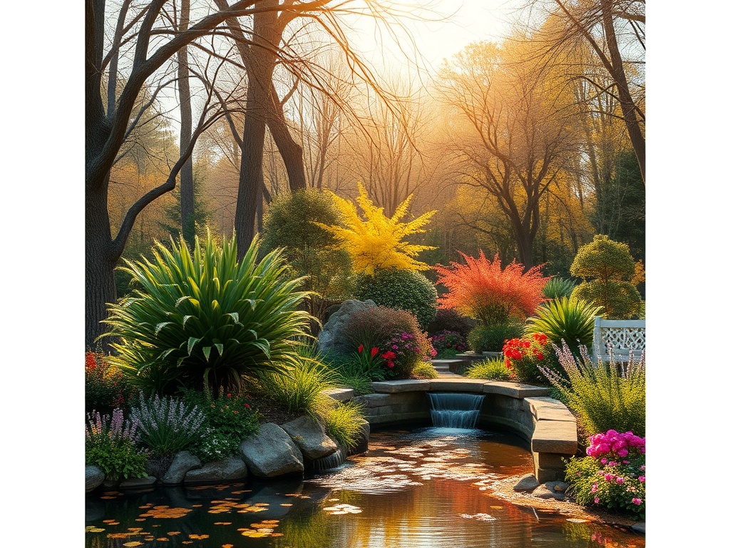 Солнечный сад с цветами и водопадом, окружённый деревьями в осенних оттенках.